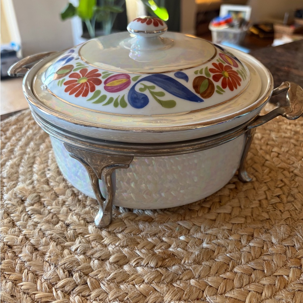 Royal Rochester iridescent lusterware casserole dish w lid & stand hand painted - Picture 2 of 7